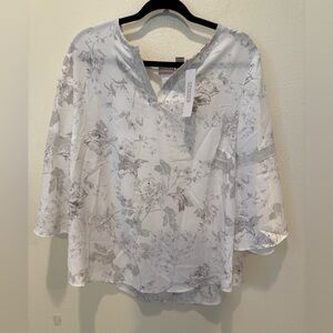 Chico's Elegant Floral Blouse in White and Gray NWT